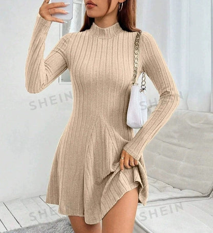 Women's slim fit half high collar waist cinched A-line skirt long sleeved pit stripe dress