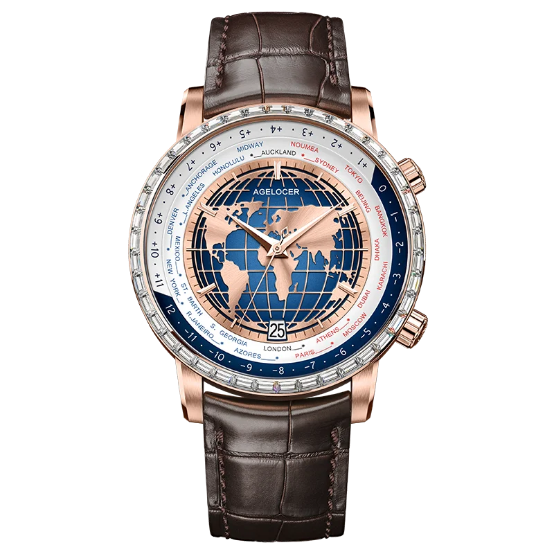 AGELOCER Original World Time Watch Men's Luxury Business Formal Automatic Mechanical Watch Birthday Gift for Men