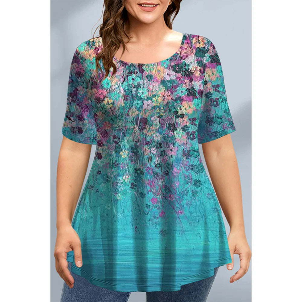 T-Shirts Spring Clothing Floral Graphic O-Neck Pullovers Short Sleeve Tops Streetwear Oversized Apparel Ladies 2023