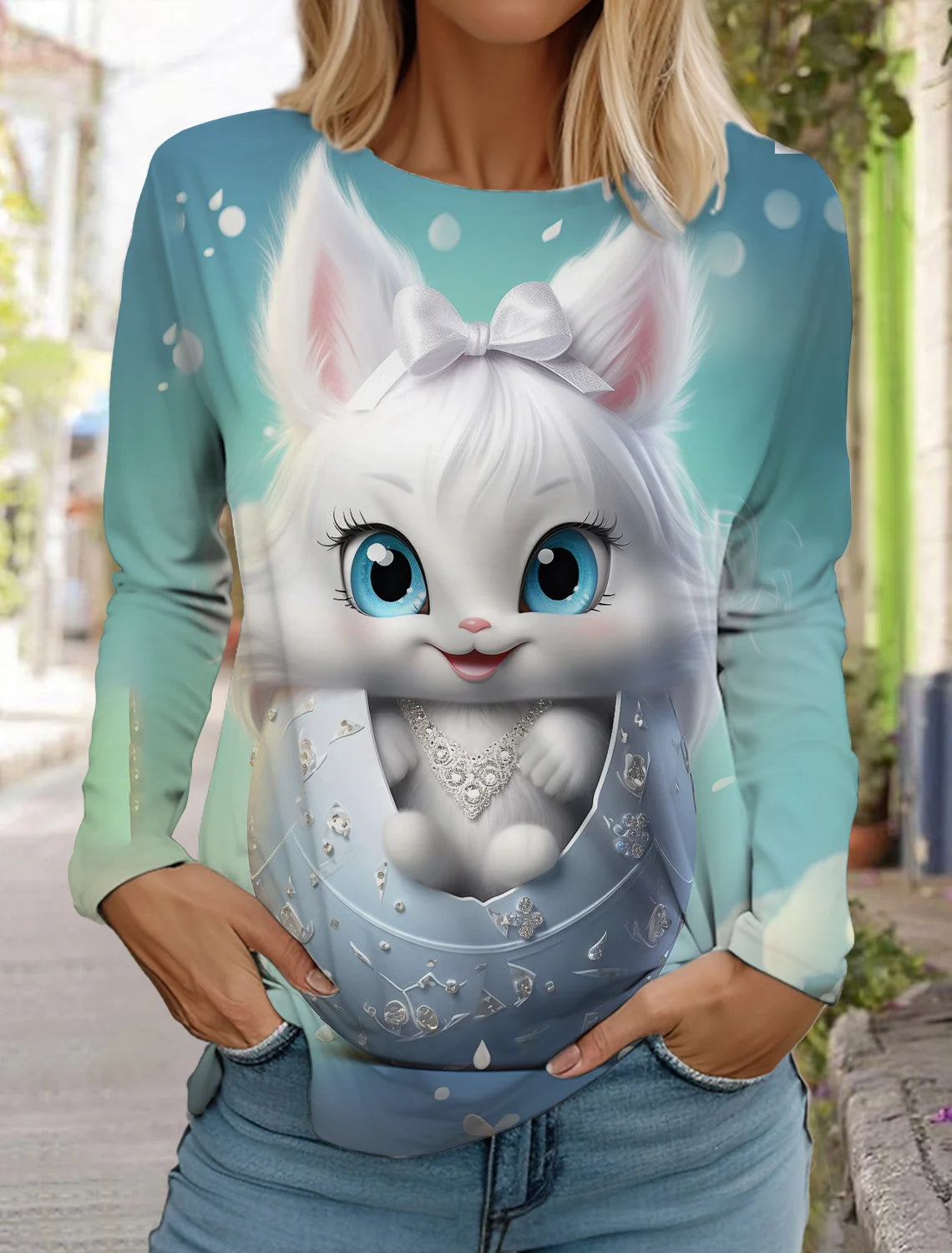 Long Sleeve 3D Printed Kitten Cute Print T-Shirt Women's Streetwear Round Neck Long Sleeve