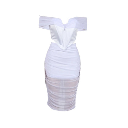 Slimming Mesh Splice Bum Covering Visibility Elastic Off-Shoulder 2-Piece Set European And American Style