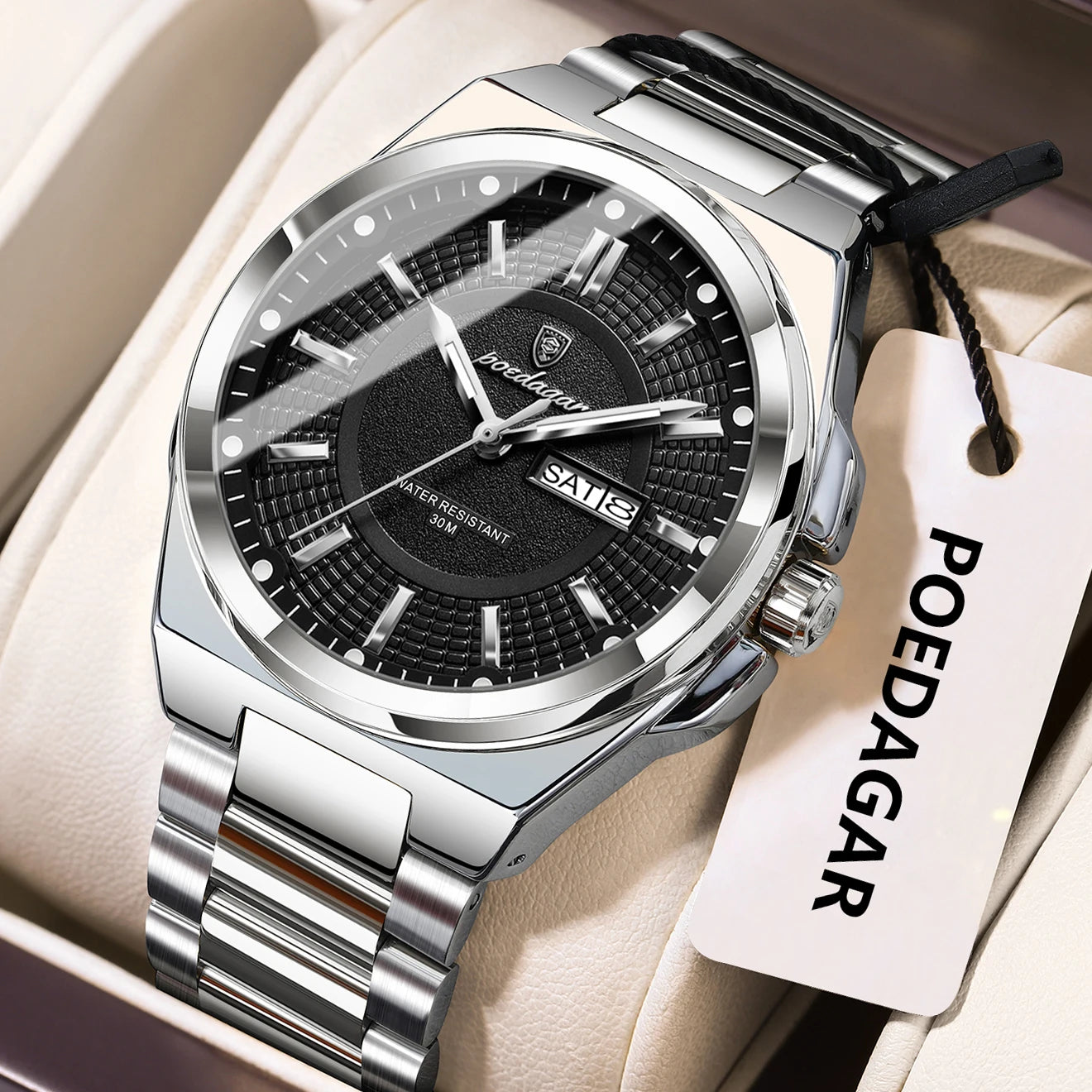 POEDAGAR Sport Original Men Clock Quartz Date Week Luxury Man Wristwatch Waterproof Luminous Stainless Steel Men's Watches Reloj