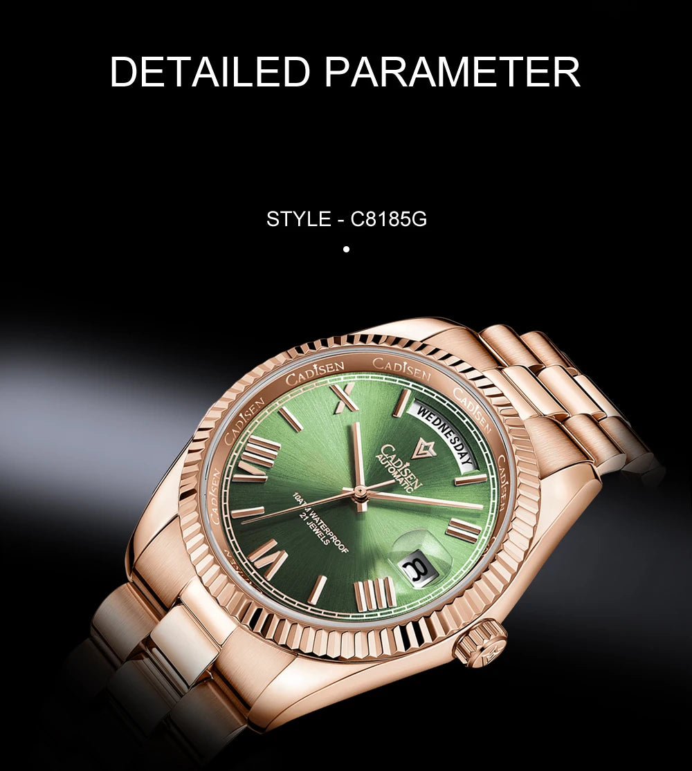 CADISEN New Week Calendar Type watch for men Sapphire mirror 10ATM Automatic Watch MIYOTA 8285 Business Mens All Steel Watches