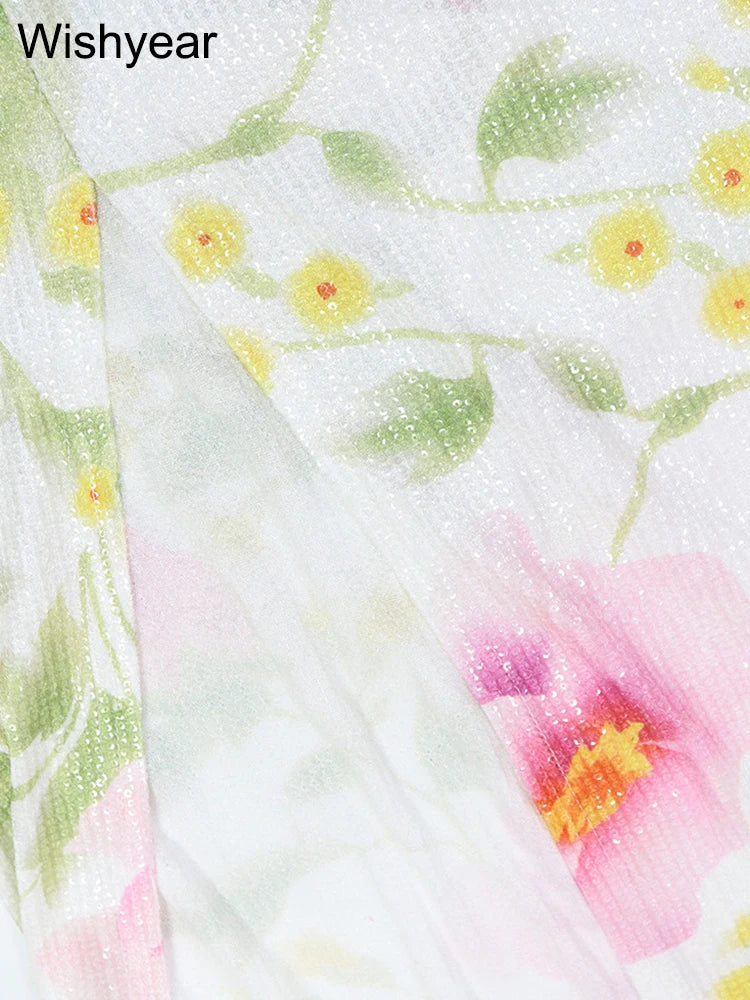 Flower Print Sequins Spaghetti Strap Sleeveless High Slit Long Dress Woman Sexy Vacation Party Birthday Prom Summer Robe