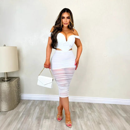 Slimming Mesh Splice Bum Covering Visibility Elastic Off-Shoulder 2-Piece Set European And American Style