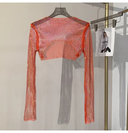 Bright diamond short top Slim thin Ms. hot drill long-sleeved T-shirt sexy leak waist nightclub