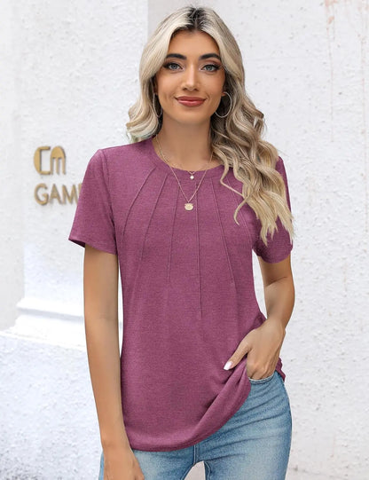 Womens Casual Crew Neck Short Sleeve Pleated Tops Blouses Fashion Clothes