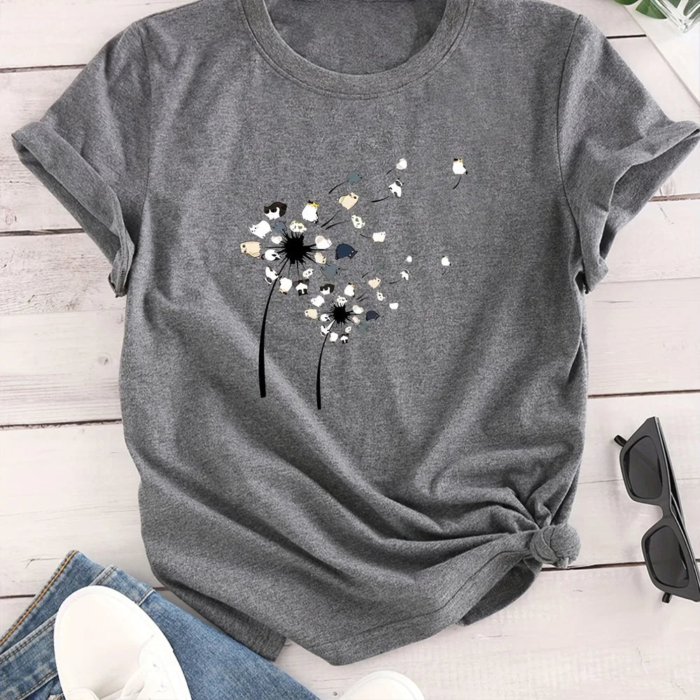T-shirt Summer Fashion Short sleeved Top Flower Print Loose Clothing Women's Party T-shirt