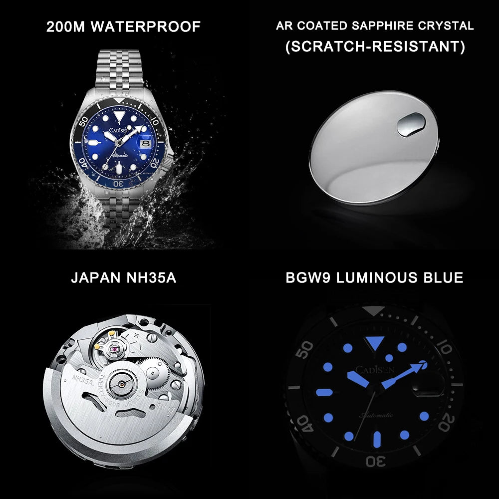 New CADISEN BGW9 Strong Glow Business Watch Diving Men's Automatic Watches Men Mechanical Wristwatch 200m Waterproof  Japan NH35