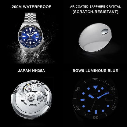 New CADISEN BGW9 Strong Glow Business Watch Diving Men's Automatic Watches Men Mechanical Wristwatch 200m Waterproof  Japan NH35