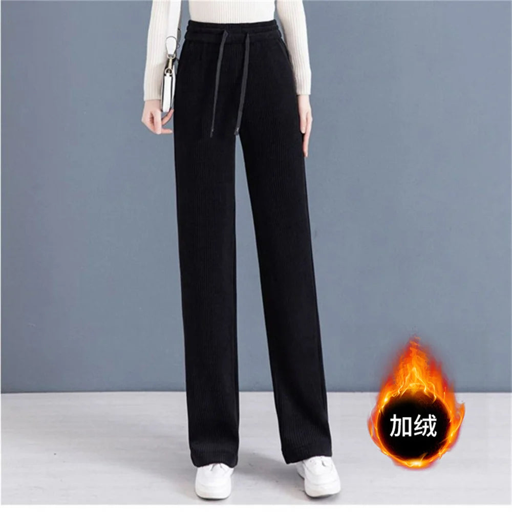 Elastic Waist Loose Casual Wide Leg Corduroy Pants Female Add Velvet Fashion All-match Trousers Women's Clothing