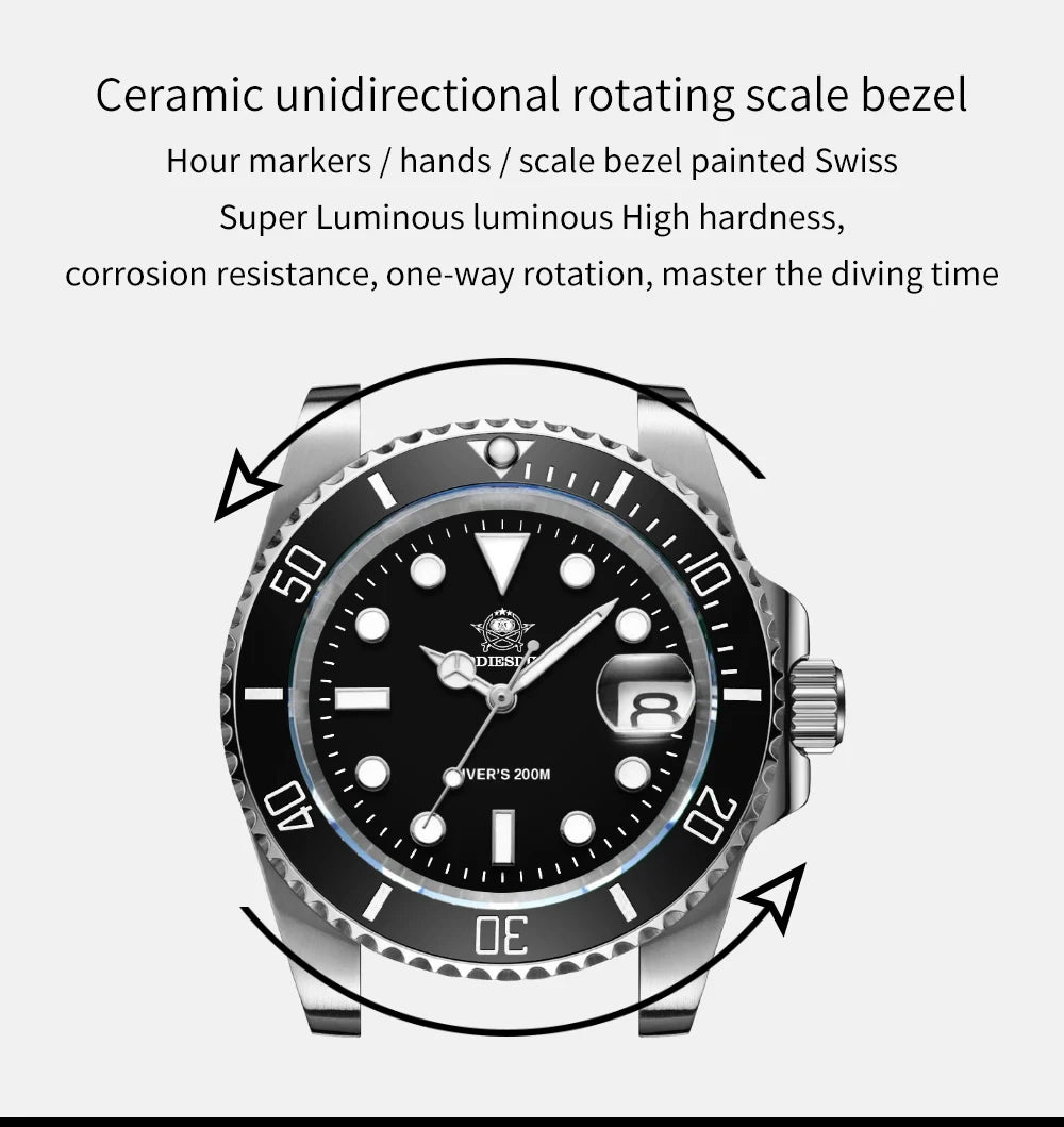 ADDIESDIVE Quartz Watch for Men 316L Stainless Steel Super Luminous Ceramic Bezel 200m Waterproof Classic Diving Men‘s Watch