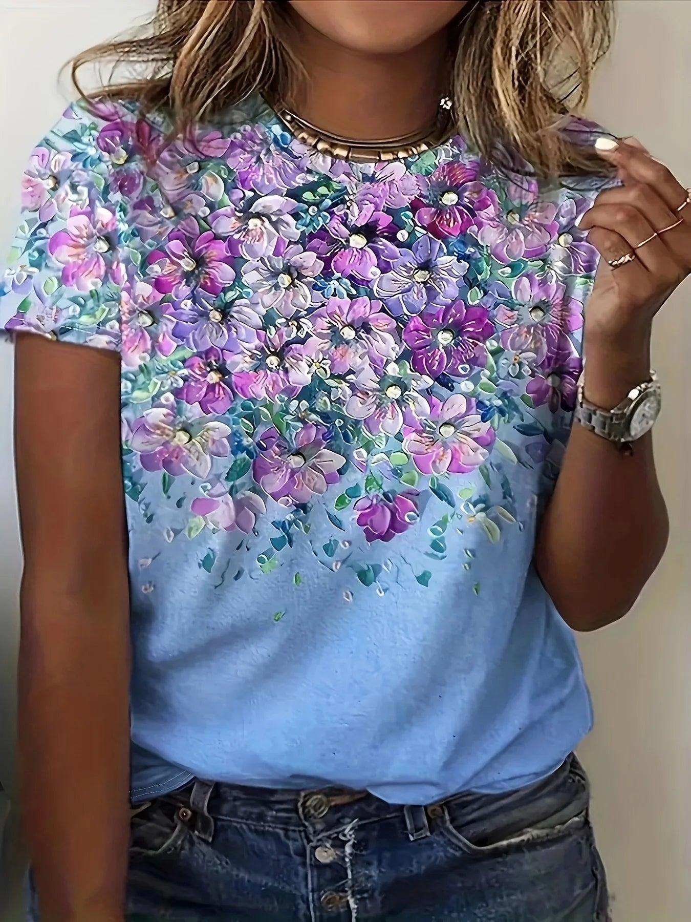 Colorful Rose Flower Print Round Neck Women's T-shirt Summer Versatile And Refreshing Y2K T-shirt