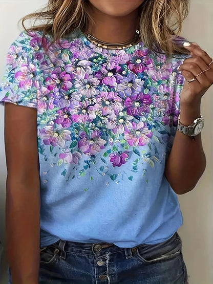 Colorful Rose Flower Print Round Neck Women's T-shirt Summer Versatile And Refreshing Y2K T-shirt