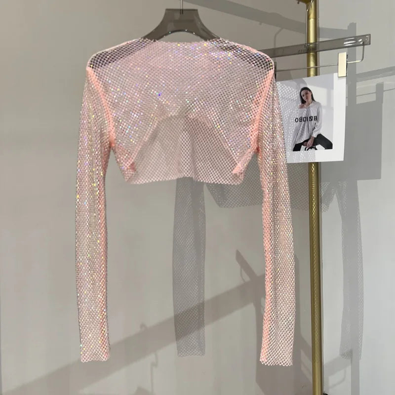 Bright diamond short top Slim thin Ms. hot drill long-sleeved T-shirt sexy leak waist nightclub