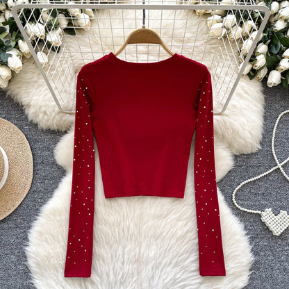 Long Sleeves Hotsweet O-neck Fashion Rhinestone Slim Top French Streetwear Sexy High Street Autumn Winter Women T-Shirts