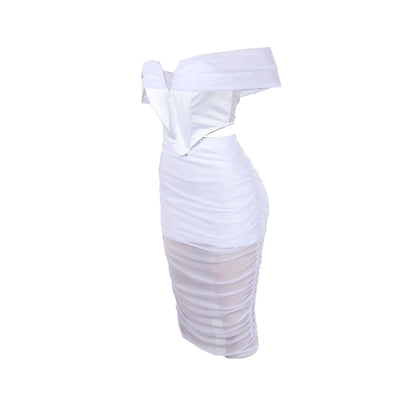 Slimming Mesh Splice Bum Covering Visibility Elastic Off-Shoulder 2-Piece Set European And American Style