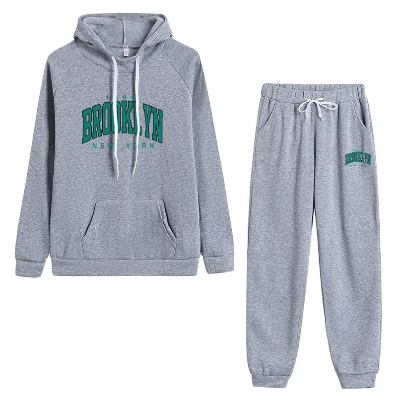 Women's Autumn Winter Casual Sports Jogging Suits Green Brooklyn Printed Hoodies and Sweatpants Girls Urban Fashion Warm Outfits