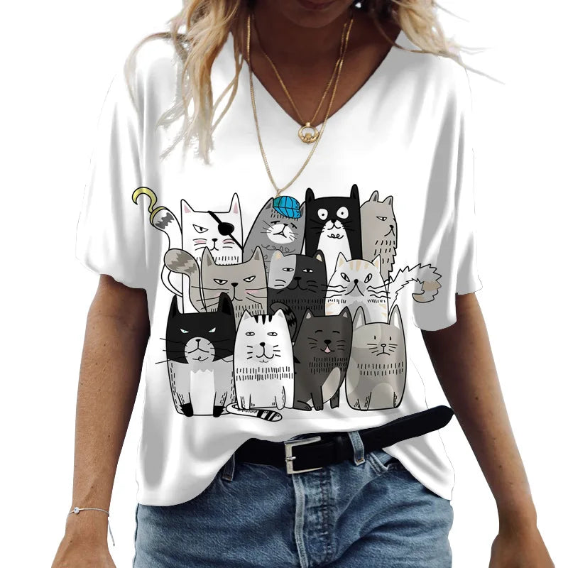 T-shirt Cartoon Cat Print Summer Short Sleeve V-Neck Kawaii Fashion Casual Tee Shirts With Cat Funny Femininity Clothing
