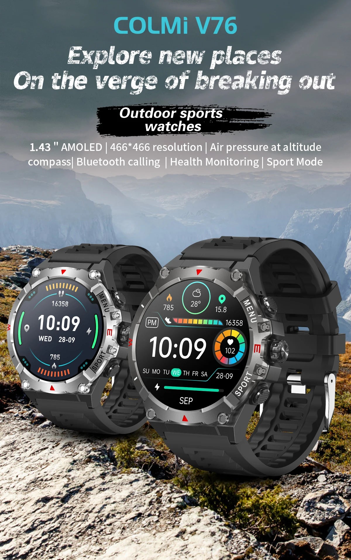 COLMI V76 GPS Smartwatch 1.43" Ultra AMOLED Display Built-in Compass Altimeter Bluetooth Call Smart Watch 500mAh Battery