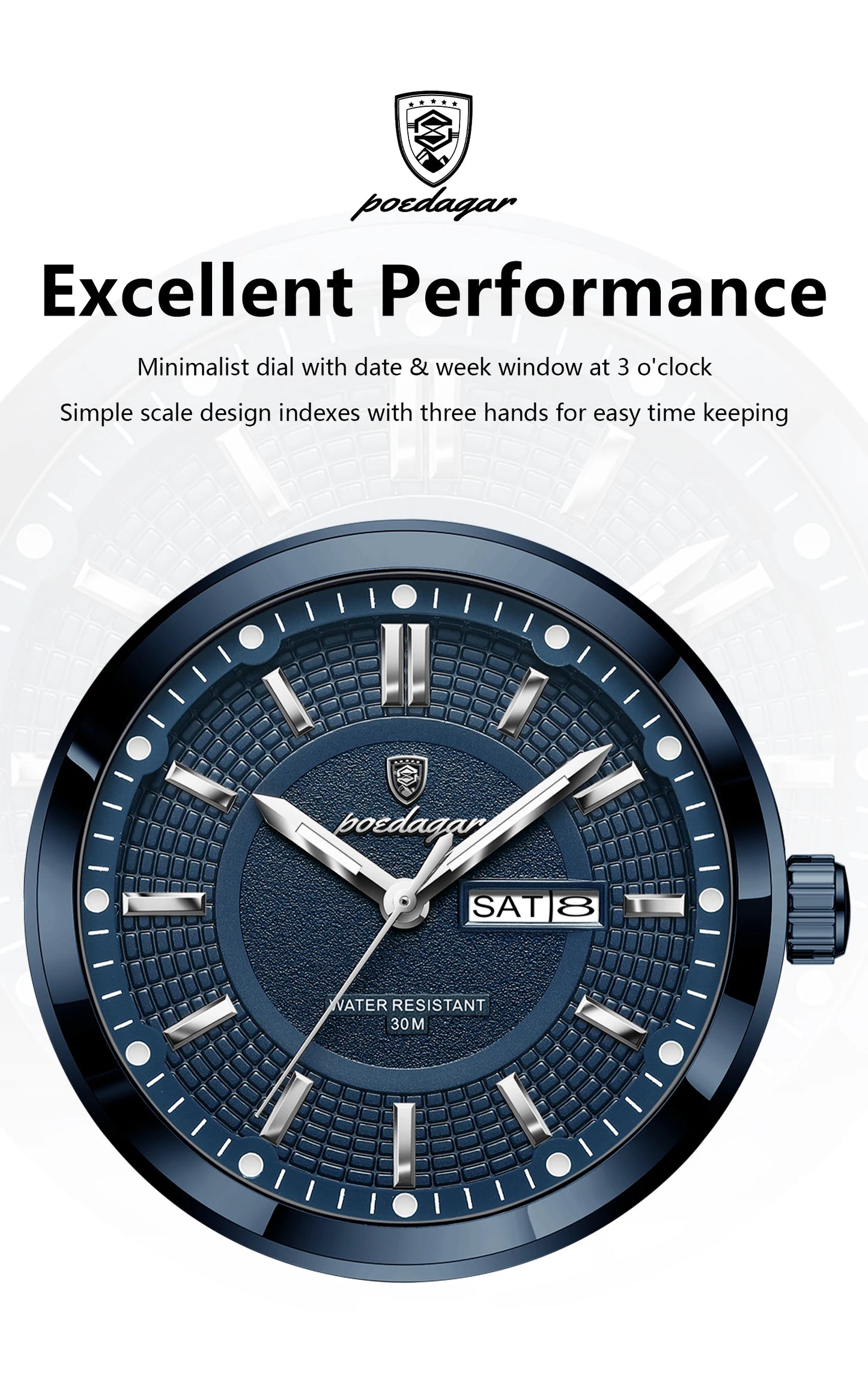 POEDAGAR Sport Original Men Clock Quartz Date Week Luxury Man Wristwatch Waterproof Luminous Stainless Steel Men's Watches Reloj