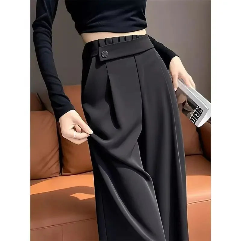 Fashion Elastic Spliced Solid Color Straight Pants Women's Clothing Summer New Loose Office Lady High Waist Casual Pants