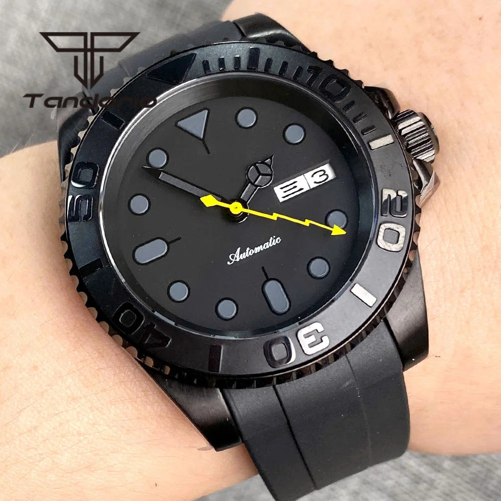 Tandorio NH36A Black PVD 40mm Automatic Men's Watch Week Date Display Rotating Bezel Sapphire Glass Yellow Flash Second Rubber