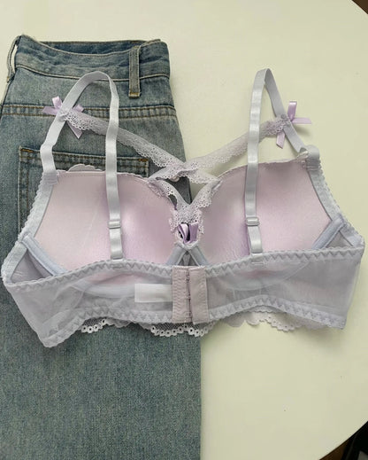 Lingerie Japanese Lace Bra Set, Heart Pendant Purple Lingerie Sexy & Pure Small Chest Push Up Bralette, Fashion Outerwear Design Enhancer