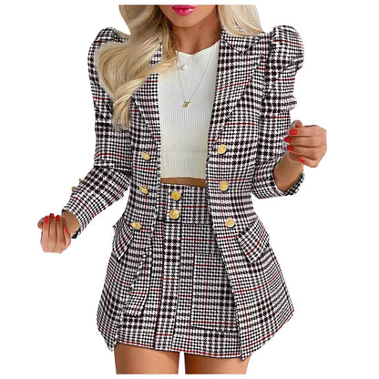 Long Sleeve Two Breasted Skirt Set Solid Color Jacket And Floral Skirt Two Piece Outfit Business Casual Elegant Sets