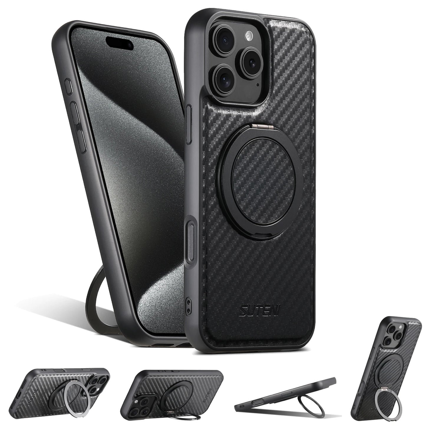 Compatible MagSafe Wireless Charging Strong Magnetic 360° Rotating Ring Stand PU Leather Phone Case For iPhone 17 16 15 14 13 12