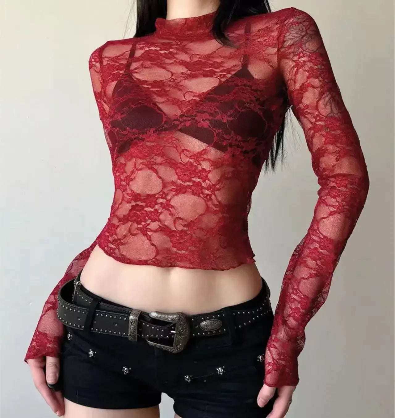 Lace Blouse Shirts Summer Women Turtleneck Long Sleeve See Through Lace Patchwork Thin Tops