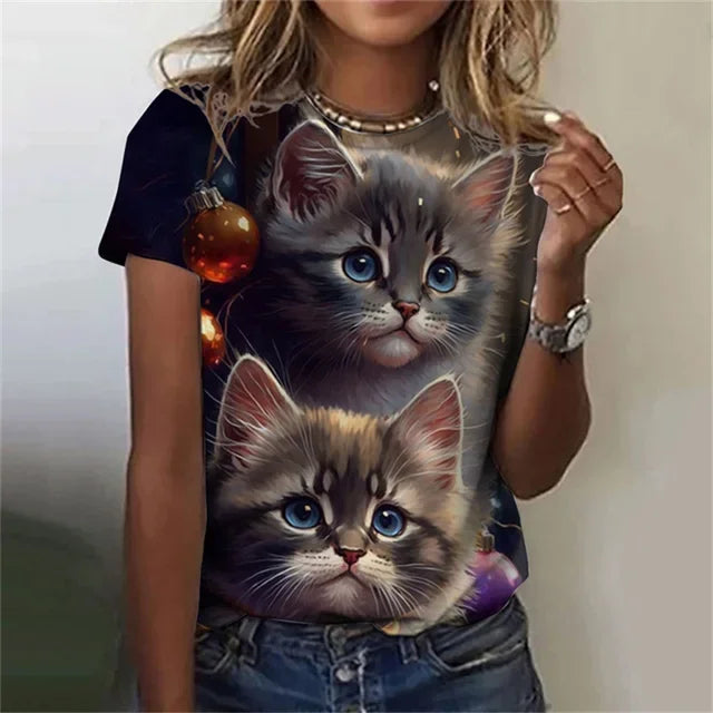 T-shirt 3D Printed Kawaii Cat Pattern Short Sleeved Round neck Top Summer Outdoor Casual Street Simple Clothing