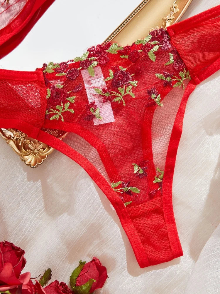 Embroidery Flower Transparent Underwear Bra Thong Set Ultra Thin Cup Large Size Perspective Wire Free Bikini Suit Women 2 Piece