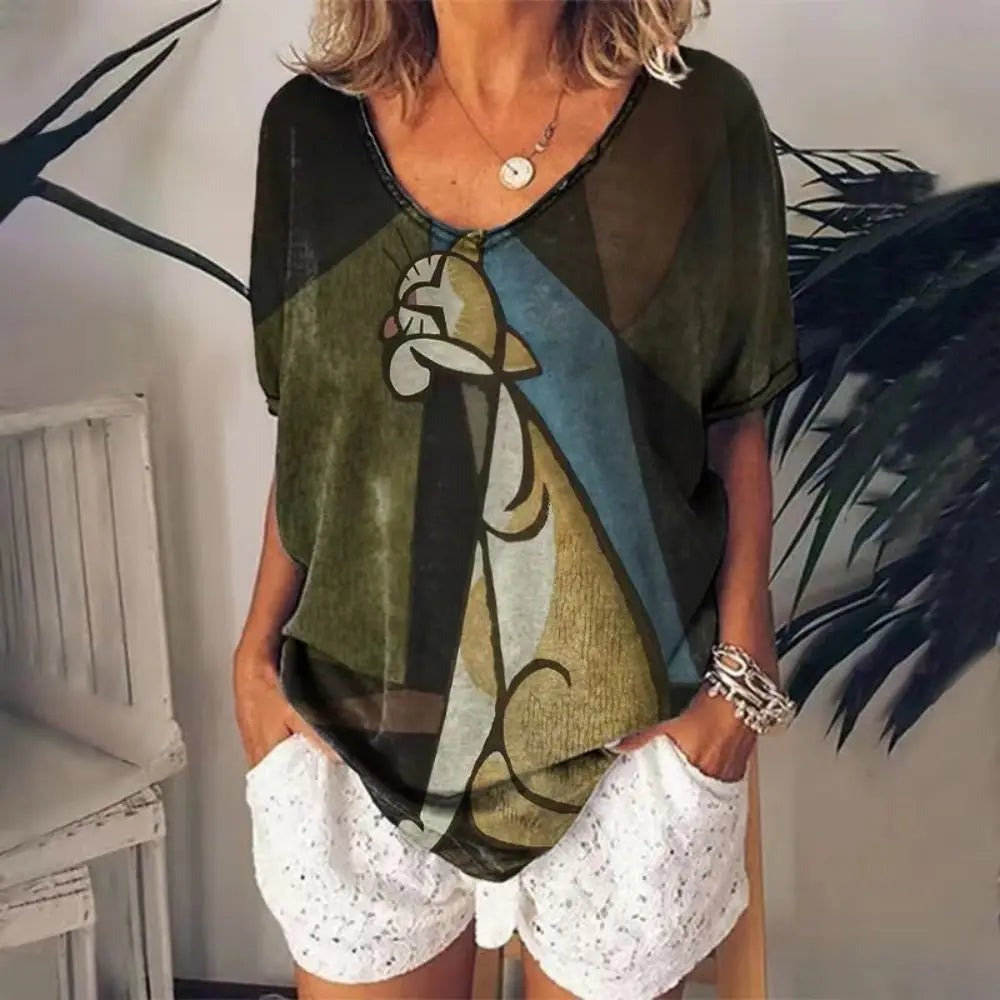 T-shirt Cartoon Cat Print Summer Short Sleeve V-Neck Kawaii Fashion Casual Tee Shirts With Cat Funny Femininity Clothing