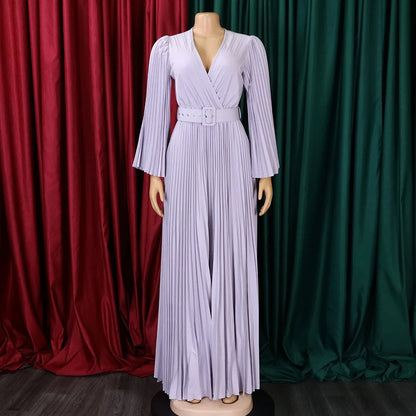 V-neck Flare Sleeve Big Swing Floor Length Maxi Long Dresses  Women Autumn Winter Party Prom Dress