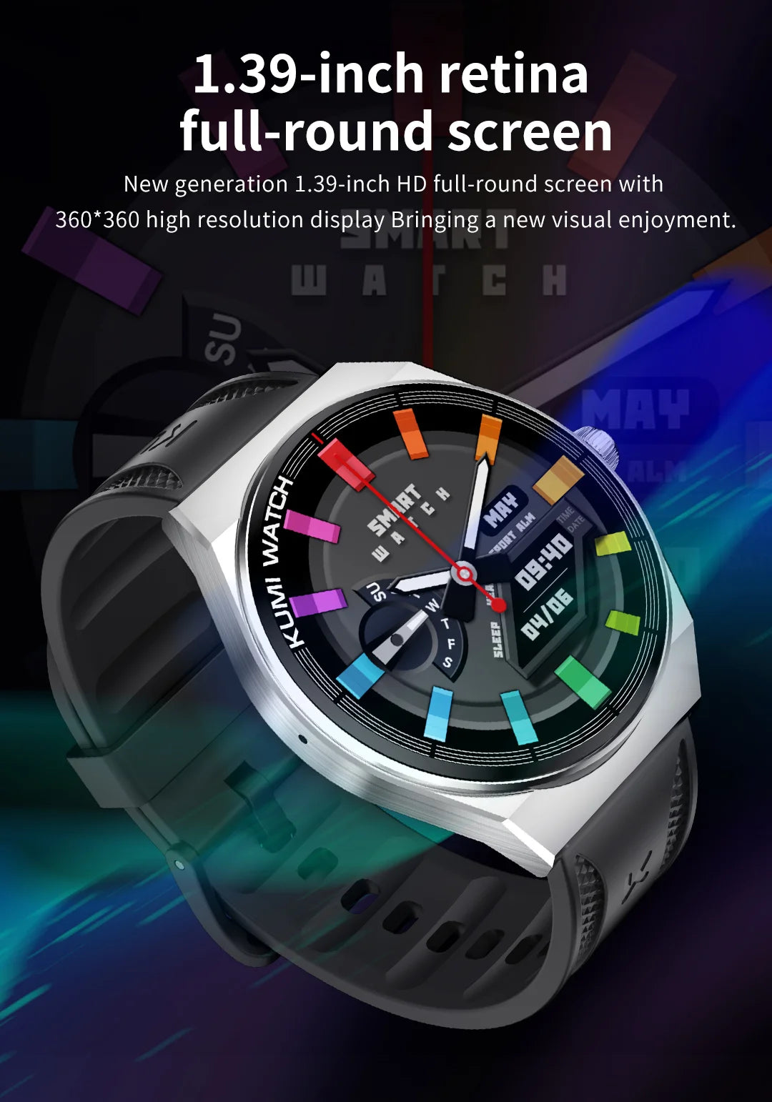 KUMI GT5 Max Smartwatch 1.39inch IPS Full Screen Men Women Bluetooth Call 100+ Sport Heart Rate Tracker IP68Waterproof