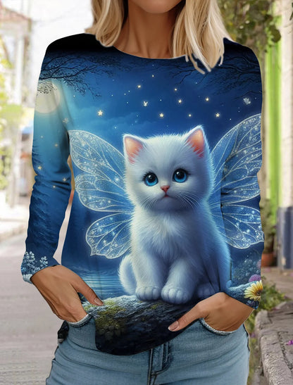 Long Sleeve 3D Printed Kitten Cute Print T-Shirt Women's Streetwear Round Neck Long Sleeve