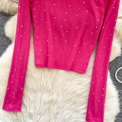 Long Sleeves Hotsweet O-neck Fashion Rhinestone Slim Top French Streetwear Sexy High Street Autumn Winter Women T-Shirts