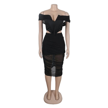 Slimming Mesh Splice Bum Covering Visibility Elastic Off-Shoulder 2-Piece Set European And American Style