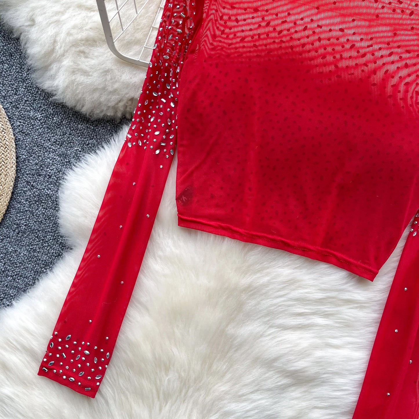 Thin See-tough Long Sve Me T-shirt ort Heavy-du Rhinestone Base irt Korean Sle Creative Pattern