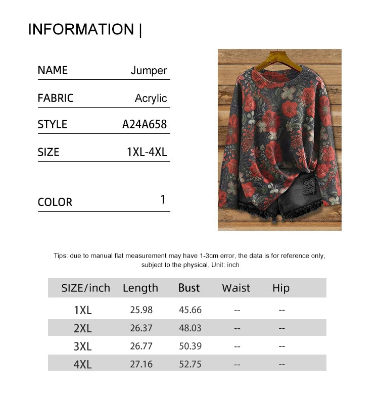 plus Size Printed Crew Neck Knit Sweater for Women Loose Casual Autumn Winter Top Trendy Fashion Best Choice
