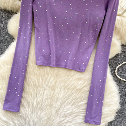 Long Sleeves Hotsweet O-neck Fashion Rhinestone Slim Top French Streetwear Sexy High Street Autumn Winter Women T-Shirts