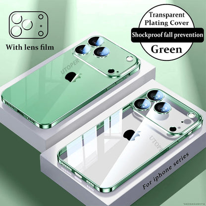 Plating Transparent with Lens Film Case for iPhone 17 Air 17 16 15 14 13 12 11 Pro Max Plus Anti-fall Damping Cover
