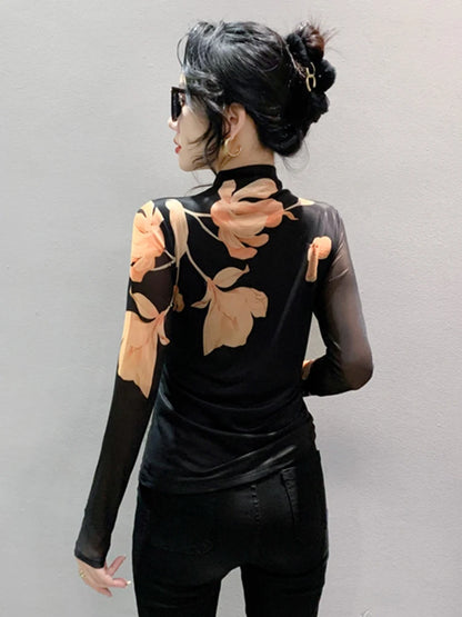 High Neck Long Sleeved Mesh Positioning Printed T-shirt Women Autumn Stretch Slim T Shirts Tops Female Base Tees HF8779