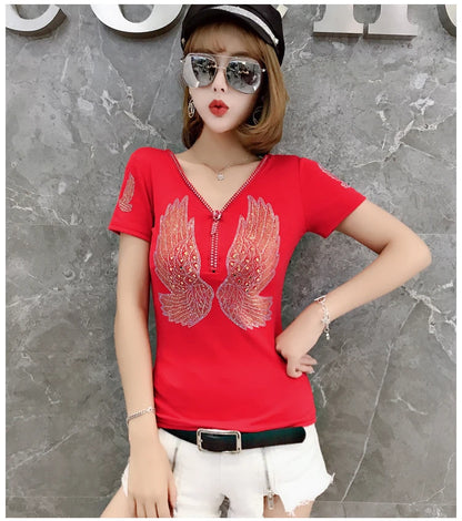 T-shirt For Summer Short Sleeve Pulovers Clothes Casual Aesthetic Cotton Tops Sexy V Neck Zipper Diamonds Tees