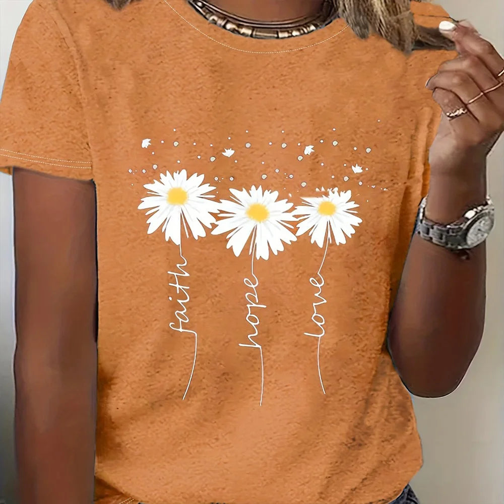 T-shirt Summer Fashion Short sleeved Top Flower Print Loose Clothing Women's Party T-shirt