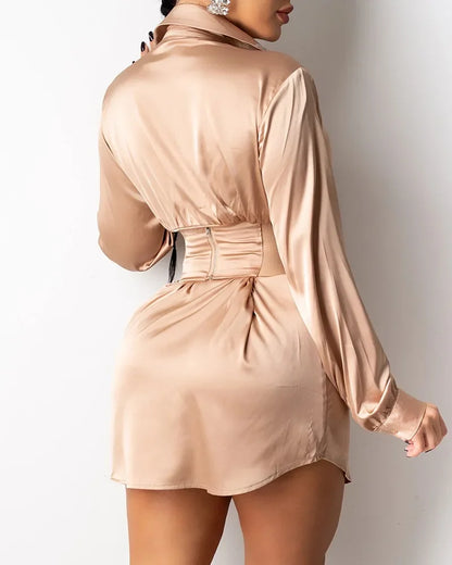 High Waist Bandage Mini Dress Spring Summer New Dress Shirt Women's Sexy Long Sleeve Turn-down Collar Dress