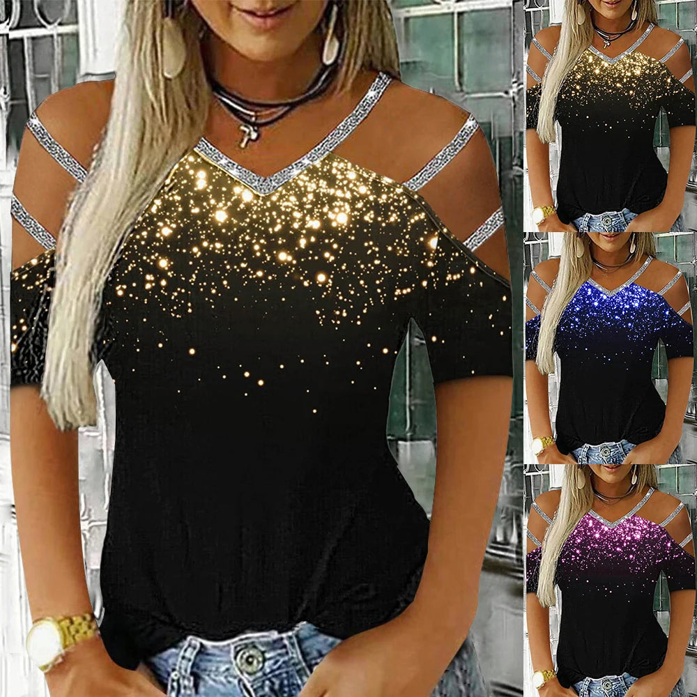 Women Glitter Short Sleeve V Neck T Shirt Ladies Casual Cold Shoulder Blouse Tops Clothing