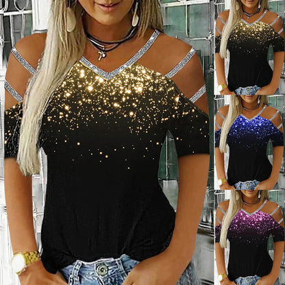 Women Glitter Short Sleeve V Neck T Shirt Ladies Casual Cold Shoulder Blouse Tops Clothing