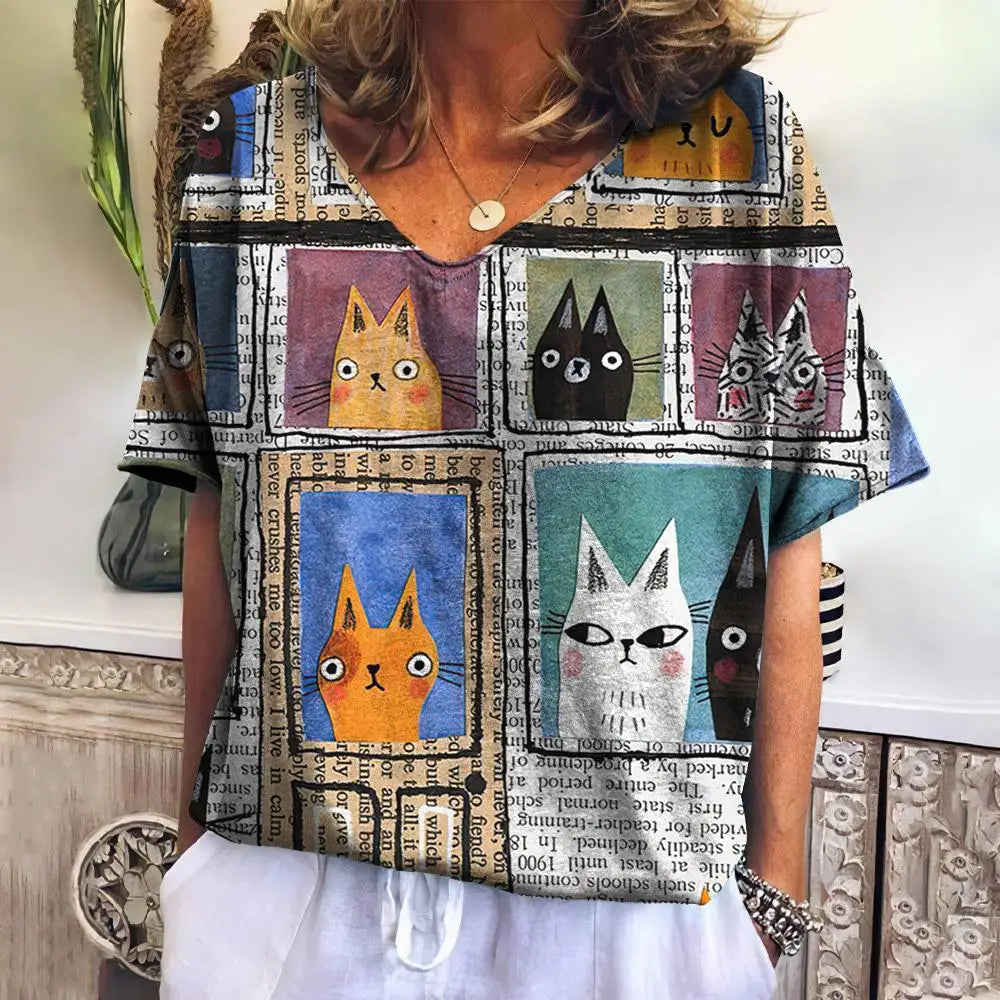 Women T Shirts Cartoon Cat Graphic Girls Clothing Large Size V Neck Short Sleeve Tee Summer Fashion Casual Female Clothing
